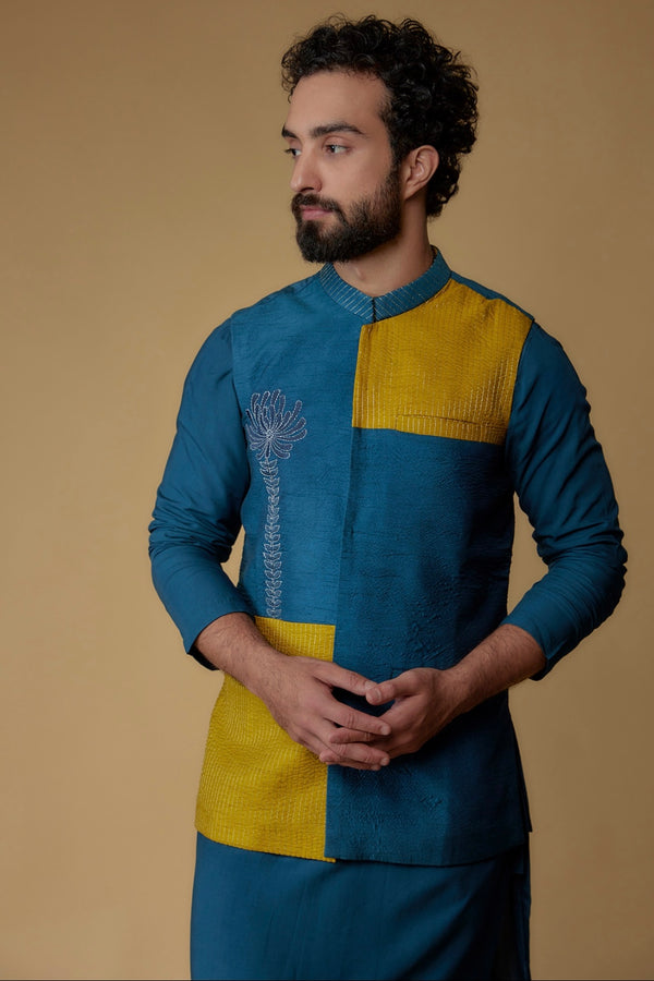 Royal Blue Silk Dupion Zari Embroidered Nehru Jacket Set