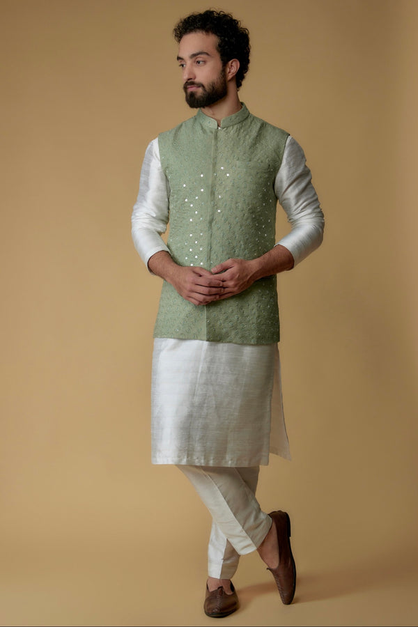 Light Green Cotton Lurex Block Printed Kurta